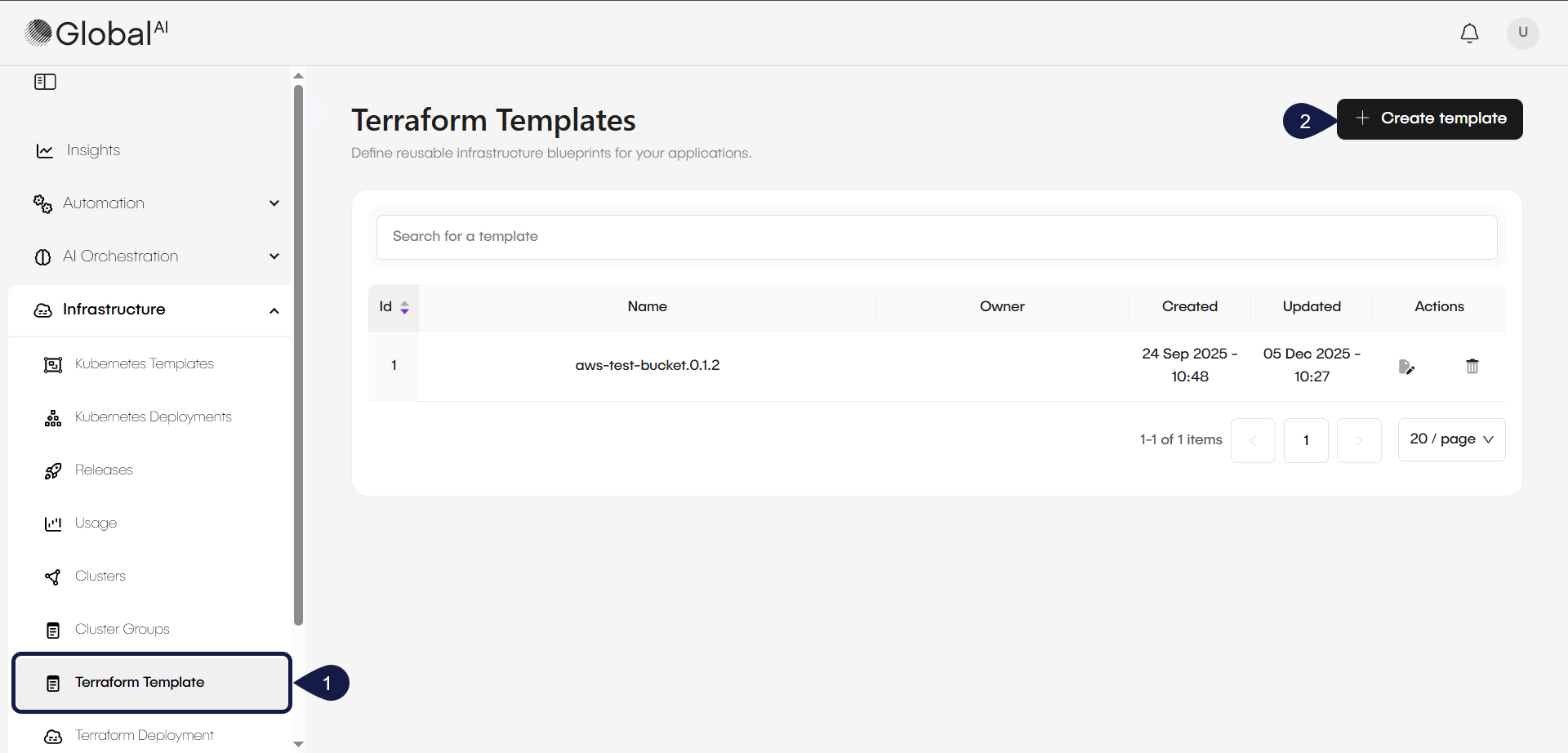 Create Terraform template button